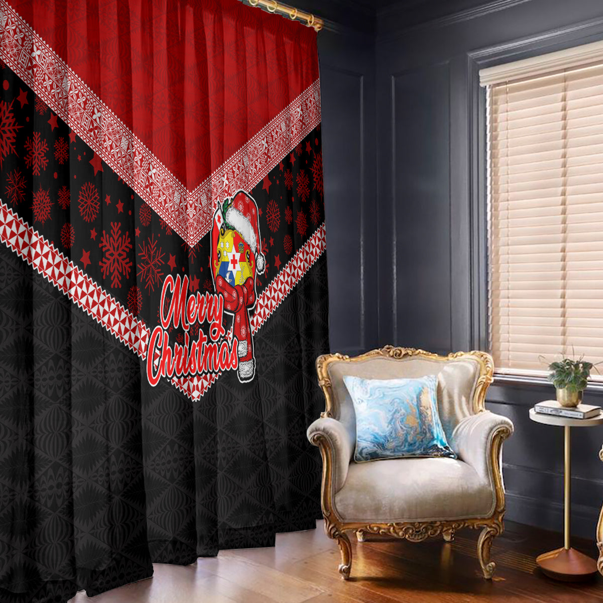 Tonga Christmas Window Curtain Tongan Coat of Arms Santa With Ngatu Pattern Christmas Red Style LT03 With Hooks Red - Polynesian Pride