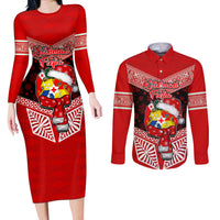 Personalised Tonga Christmas Couples Matching Long Sleeve Bodycon Dress and Long Sleeve Button Shirts Tongan Coat of Arms Santa With Ngatu Pattern Christmas Red Style LT03 Red - Polynesian Pride