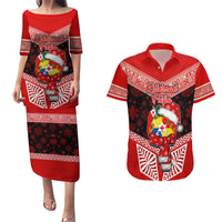 Personalised Tonga Christmas Couples Matching Puletasi Dress and Hawaiian Shirt Tongan Coat of Arms Santa With Ngatu Pattern Christmas Red Style LT03 Red - Polynesian Pride