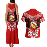Personalised Tonga Christmas Couples Matching Tank Maxi Dress and Hawaiian Shirt Tongan Coat of Arms Santa With Ngatu Pattern Christmas Red Style LT03 - Polynesian Pride