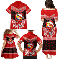 Personalised Tonga Christmas Family Matching Puletasi Dress and Hawaiian Shirt Tongan Coat of Arms Santa With Ngatu Pattern Christmas Red Style LT03 - Polynesian Pride