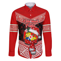 Personalised Tonga Christmas Family Matching Puletasi Dress and Hawaiian Shirt Tongan Coat of Arms Santa With Ngatu Pattern Christmas Red Style LT03 Dad's Shirt - Long Sleeve Red - Polynesian Pride