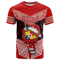 Personalised Tonga Christmas T Shirt Tongan Coat of Arms Santa With Ngatu Pattern Christmas Red Style LT03 Red - Polynesian Pride