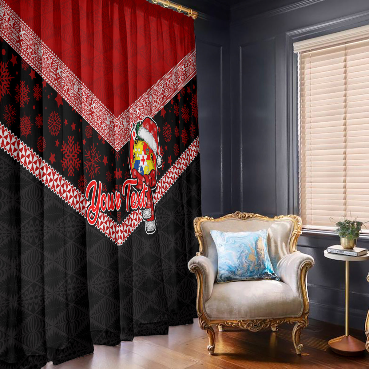 Personalised Tonga Christmas Window Curtain Tongan Coat of Arms Santa With Ngatu Pattern Christmas Red Style LT03 With Hooks Red - Polynesian Pride