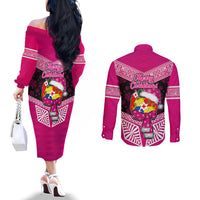 Tonga Christmas Couples Matching Off The Shoulder Long Sleeve Dress and Long Sleeve Button Shirts Tongan Coat of Arms Santa With Ngatu Pattern Christmas Pink Style LT03 - Polynesian Pride