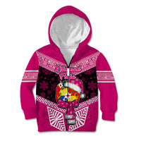 Tonga Christmas Kid Hoodie Tongan Coat of Arms Santa With Ngatu Pattern Christmas Pink Style LT03 Zip Hoodie Pink - Polynesian Pride