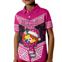 Tonga Christmas Kid Polo Shirt Tongan Coat of Arms Santa With Ngatu Pattern Christmas Pink Style LT03 Kid Pink - Polynesian Pride