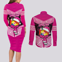 Personalised Tonga Christmas Couples Matching Long Sleeve Bodycon Dress and Long Sleeve Button Shirts Tongan Coat of Arms Santa With Ngatu Pattern Christmas Pink Style LT03 - Polynesian Pride