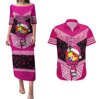 Personalised Tonga Christmas Couples Matching Puletasi Dress and Hawaiian Shirt Tongan Coat of Arms Santa With Ngatu Pattern Christmas Pink Style LT03 Pink - Polynesian Pride