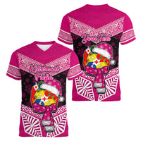 Personalised Tonga Christmas Women V Neck T Shirt Tongan Coat of Arms Santa With Ngatu Pattern Christmas Pink Style LT03 - Polynesian Pride