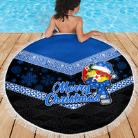 Tonga Christmas Beach Blanket Tongan Coat of Arms Santa With Ngatu Pattern Christmas Blue Style LT03 - Wonder Print Shop