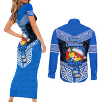 Tonga Christmas Couples Matching Short Sleeve Bodycon Dress and Long Sleeve Button Shirts Tongan Coat of Arms Santa With Ngatu Pattern Christmas Blue Style LT03 - Polynesian Pride
