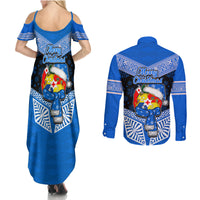 Tonga Christmas Couples Matching Summer Maxi Dress and Long Sleeve Button Shirts Tongan Coat of Arms Santa With Ngatu Pattern Christmas Blue Style LT03 - Polynesian Pride