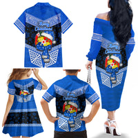Tonga Christmas Family Matching Off Shoulder Long Sleeve Dress and Hawaiian Shirt Tongan Coat of Arms Santa With Ngatu Pattern Christmas Blue Style LT03 - Polynesian Pride