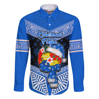 Tonga Christmas Family Matching Off Shoulder Maxi Dress and Hawaiian Shirt Tongan Coat of Arms Santa With Ngatu Pattern Christmas Blue Style LT03 Dad's Shirt - Long Sleeve Blue - Polynesian Pride