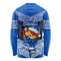 Tonga Christmas Long Sleeve Shirt Tongan Coat of Arms Santa With Ngatu Pattern Christmas Blue Style LT03 - Polynesian Pride