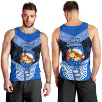 Tonga Christmas Men Tank Top Tongan Coat of Arms Santa With Ngatu Pattern Christmas Blue Style LT03 - Polynesian Pride
