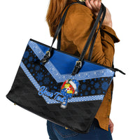 Personalised Tonga Christmas Leather Tote Bag Tongan Coat of Arms Santa With Ngatu Pattern Christmas Blue Style LT03 - Polynesian Pride