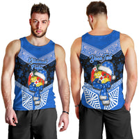 Personalised Tonga Christmas Men Tank Top Tongan Coat of Arms Santa With Ngatu Pattern Christmas Blue Style LT03 - Polynesian Pride