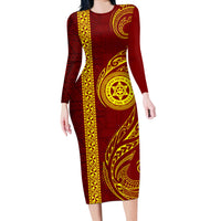 Tonga Ha'apai High School Long Sleeve Bodycon Dress Ngatu and Maori Ethnic Tribal Pattern LT03 Long Dress Red - Polynesian Pride
