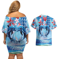 Hawaiian Dolphin Love Couple - Ocean Heart Couples Matching Off Shoulder Short Dress and Hawaiian Shirt