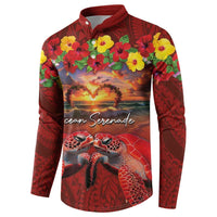 Hawaiian Turtle Love Couple Button Sweatshirt Ocean Serenade - Honu Honi Ihu with Hibiscus and Romantic Sunset Red Color