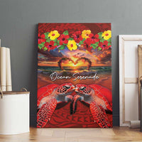 Hawaiian Turtle Love Couple Canvas Wall Art Ocean Serenade - Honu Honi Ihu with Hibiscus and Romantic Sunset Red Color LT03 - Polynesian Pride