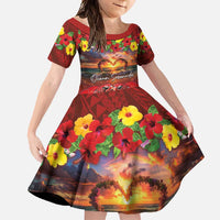 Hawaiian Turtle Love Couple Family Matching Tank Maxi Dress and Hawaiian Shirt Ocean Serenade - Honu Honi Ihu with Hibiscus and Romantic Sunset Red Color LT03 Daughter's Dress Red - Polynesian Pride