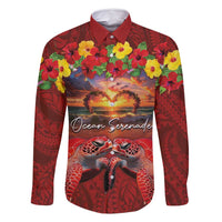 Hawaiian Turtle Love Couple Family Matching Tank Maxi Dress and Hawaiian Shirt Ocean Serenade - Honu Honi Ihu with Hibiscus and Romantic Sunset Red Color LT03 Dad's Shirt - Long Sleeve Red - Polynesian Pride