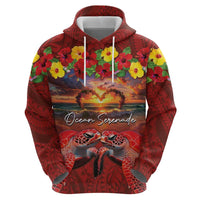 Hawaiian Turtle Love Couple Hoodie Ocean Serenade - Honu Honi Ihu with Hibiscus and Romantic Sunset Red Color