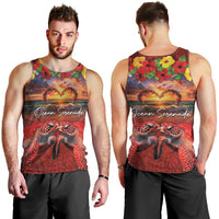 Hawaiian Turtle Love Couple Men Tank Top Ocean Serenade - Honu Honi Ihu with Hibiscus and Romantic Sunset Red Color