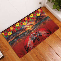 Hawaiian Turtle Love Couple Rubber Doormat Ocean Serenade - Honu Honi Ihu with Hibiscus and Romantic Sunset Red Color