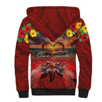 Hawaiian Turtle Love Couple Sherpa Hoodie Ocean Serenade - Honu Honi Ihu with Hibiscus and Romantic Sunset Red Color
