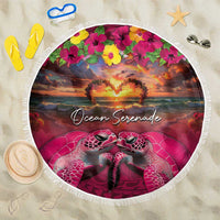 Hawaiian Turtle Love Couple Beach Blanket Ocean Serenade - Honu Honi Ihu with Hibiscus and Romantic Sunset Pink Color