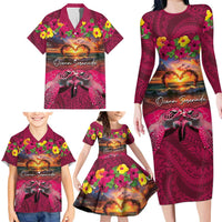 Hawaiian Turtle Love Couple Family Matching Long Sleeve Bodycon Dress and Hawaiian Shirt Ocean Serenade - Honu Honi Ihu with Hibiscus and Romantic Sunset Pink Color