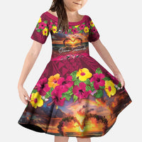 Hawaiian Turtle Love Couple Family Matching Mermaid Dress and Hawaiian Shirt Ocean Serenade - Honu Honi Ihu with Hibiscus and Romantic Sunset Pink Color LT03 Daughter's Dress Pink - Polynesian Pride