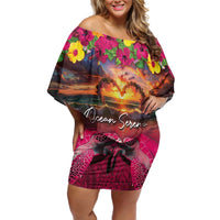 Hawaiian Turtle Love Couple Family Matching Off Shoulder Short Dress and Hawaiian Shirt Ocean Serenade - Honu Honi Ihu with Hibiscus and Romantic Sunset Pink Color LT03 Mom's Dress Pink - Polynesian Pride