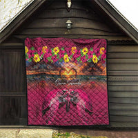 Hawaiian Turtle Love Couple Quilt Ocean Serenade - Honu Honi Ihu with Hibiscus and Romantic Sunset Pink Color