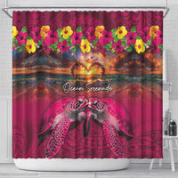 Hawaiian Turtle Love Couple Shower Curtain Ocean Serenade - Honu Honi Ihu with Hibiscus and Romantic Sunset Pink Color