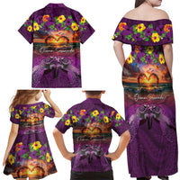 Hawaiian Turtle Love Couple Family Matching Off Shoulder Maxi Dress and Hawaiian Shirt Ocean Serenade - Honu Honi Ihu with Hibiscus and Romantic Sunset Purple Color