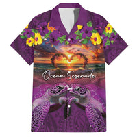 Hawaiian Turtle Love Couple Family Matching Off Shoulder Short Dress and Hawaiian Shirt Ocean Serenade - Honu Honi Ihu with Hibiscus and Romantic Sunset Purple Color LT03 Dad's Shirt - Short Sleeve Purple - Polynesian Pride