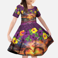 Hawaiian Turtle Love Couple Family Matching Summer Maxi Dress and Hawaiian Shirt Ocean Serenade - Honu Honi Ihu with Hibiscus and Romantic Sunset Purple Color LT03 Daughter's Dress Purple - Polynesian Pride