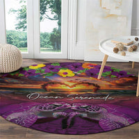 Hawaiian Turtle Love Couple Round Carpet Ocean Serenade - Honu Honi Ihu with Hibiscus and Romantic Sunset Purple Color