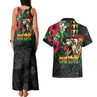 Hawaiian One Love Couples Matching Tank Maxi Dress and Hawaiian Shirt Reggae Lion Tropical Plants and Kakau with Tribal Pattern