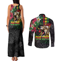 Hawaiian One Love Couples Matching Tank Maxi Dress and Long Sleeve Button Shirt Reggae Lion Tropical Plants and Kakau with Tribal Pattern
