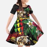 Hawaiian One Love Family Matching Short Sleeve Bodycon Dress and Hawaiian Shirt Reggae Lion Tropical Plants and Kakau with Tribal Pattern