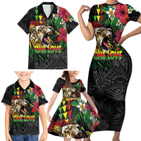 Hawaiian One Love Family Matching Short Sleeve Bodycon Dress and Hawaiian Shirt Reggae Lion Tropical Plants and Kakau with Tribal Pattern