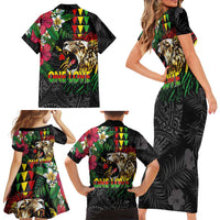 Hawaiian One Love Family Matching Short Sleeve Bodycon Dress and Hawaiian Shirt Reggae Lion Tropical Plants and Kakau with Tribal Pattern