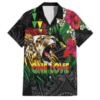 Hawaiian One Love Family Matching Short Sleeve Bodycon Dress and Hawaiian Shirt Reggae Lion Tropical Plants and Kakau with Tribal Pattern