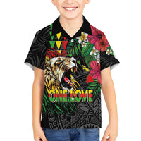 Hawaiian One Love Family Matching Short Sleeve Bodycon Dress and Hawaiian Shirt Reggae Lion Tropical Plants and Kakau with Tribal Pattern